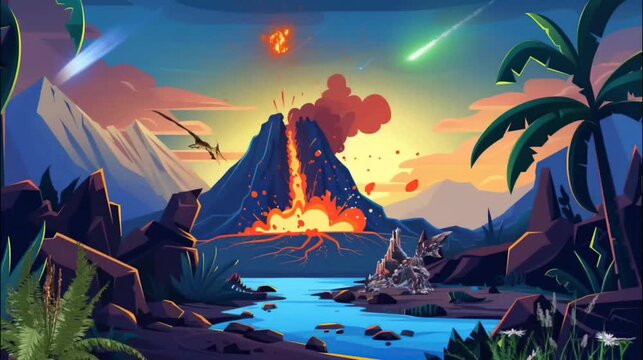 A powerful volcanic eruption in a prehistoric mountain range with a pterosaur flying above and rugged terrain. Seamless loop video background