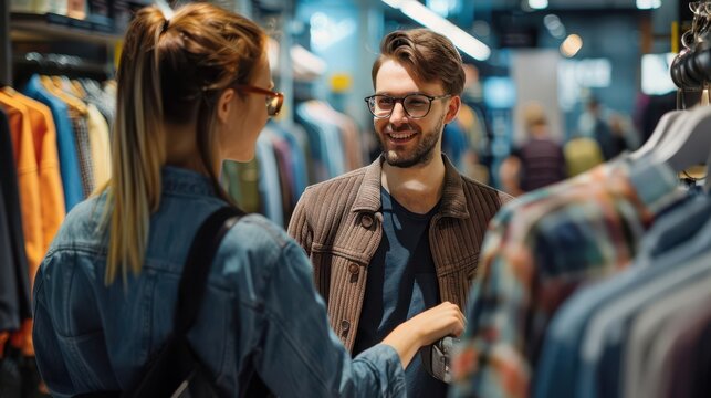 Retail associate assisting a customer with clothing choices, apparel, customer service
