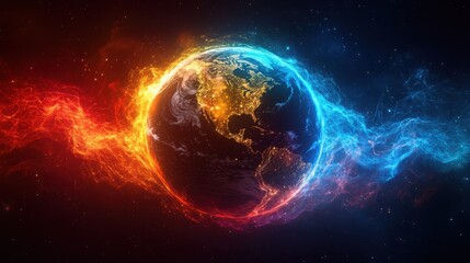 Obraz premium A stylized depiction of Earth surrounded by swirling red and blue energy waves in a cosmic landscape.