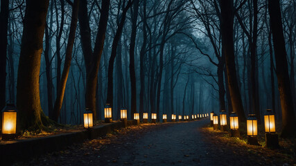 Fototapeta premium A path in a dimly lit forest, illuminated by lanterns, creating a tranquil and mysterious atmosphere.