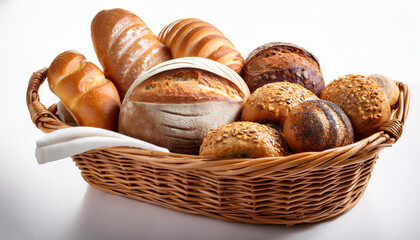 bread and buns in a white wicker basket