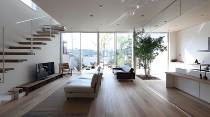 Fototapeta premium Modern Minimalist Home Interior Design with Floating Stairs and Open Concept Living Space