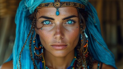 A striking portrait of a woman in bright tribal attire, featuring intricate accessories and piercing blue eyes, having a bold expression.