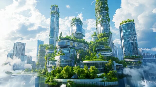 Future eco-friendly city. Sustainable architecture concept. Futuristic metropolis balancing nature and development. Biophilic design and green technology. Urban sustainability