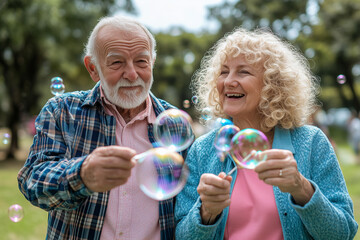 Fototapeta premium Elderly couple playing with soap bubbles while never getting old, joyful aging concept.