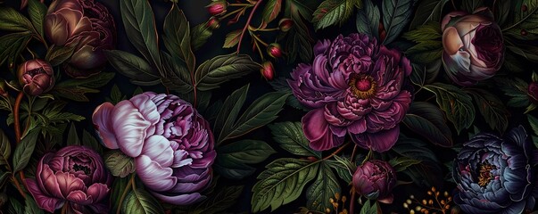 Dark, moody floral pattern with vibrant purple peonies and green leaves. Perfect for wallpaper, fabric, or other design projects.