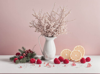 A white pitcher with a bunch of flowers and fruit on a table
