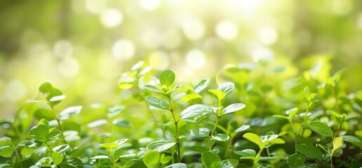 Close up of lush green leaves in sunlight. Nature, freshness, new growth, spring, summer, natural beauty.