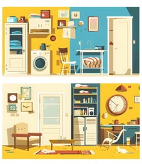 Fototapeta premium Colorful Illustration of Two Rooms in a Modern Home