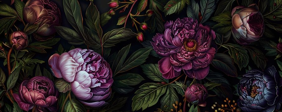 Fototapeta Dark, moody floral pattern with vibrant purple peonies and green leaves. Perfect for wallpaper, fabric, or other design projects.