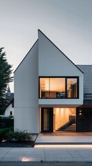 Modern White House Exterior with Large Windows and a Wooden Deck
