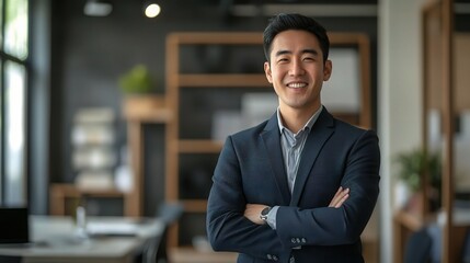 Fototapeta premium Confident Businessman: A young Asian businessman radiates confidence as he stands with arms crossed in a modern office, his smile reflecting success and determination. 
