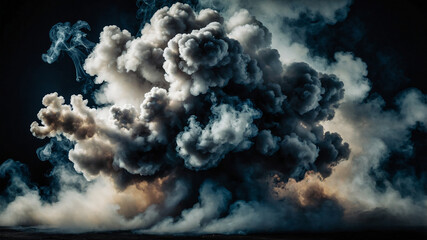 Dramatic smoke cloud billowing on a dark background creating a mystical and captivating visual effect. AI generated image