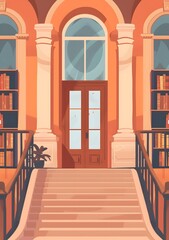 Vintage Building Entrance With Bookshelves And Stairs