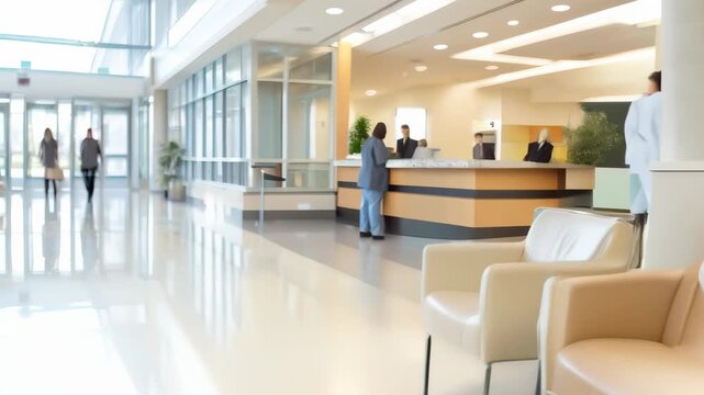 Spacious and bright hospital lobby with comfortable seating and people interacting at the reception desk. Modern healthcare facility visitors and patients. 