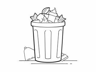 continuous single line drawing of trash can overflowing with trash bags, line art vector illustration
