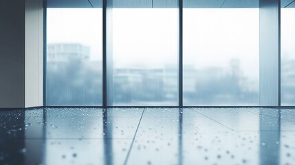 Fototapeta premium Urban Reflections: A serene and minimalist office space with panoramic windows overlooking a misty cityscape, reflecting the tranquility of a rainy day. 