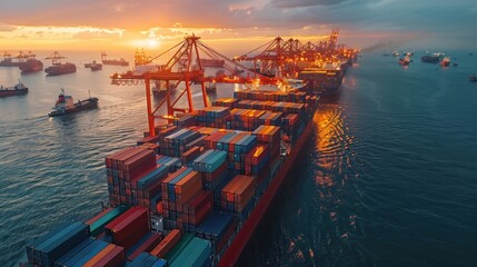 Cargo Ship at Sunset with Containers