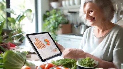 Senior woman analyzing data on a tablet in a kitchen surrounded by fresh vegetables and plants. Bright and vibrant scene emphasizing healthy living, nutrition planning,  - Powered by Adobe