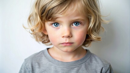 Naklejka premium Close-Up of Pensive Little Boy with Soft Curls and Piercing Blue Eyes