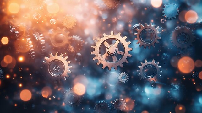 Glowing Gears of Innovation: Intricate clockwork gears interlock in a symphony of motion, set against a vibrant, ethereal backdrop of orange and blue bokeh. 