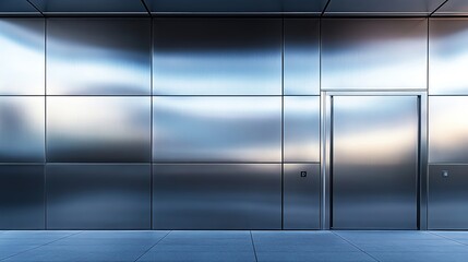 A sleek, modern metallic wall with a door. The reflective surface gives a clean and industrial look to any space.
