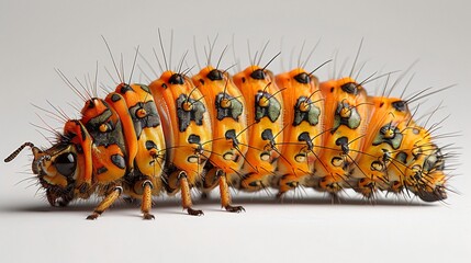 Obraz premium A close-up of an orange spiky caterpillar with black spots on its body, displayed on a white background.