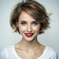 Naklejka premium Bright Portrait of a Smiling Young Woman with Short Blonde Hair and Red Lipstick