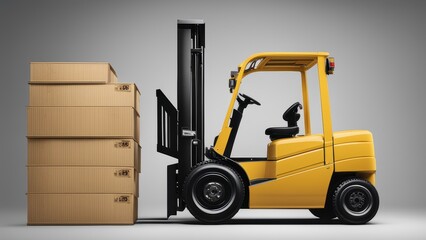 A yellow forklift with two stacked cardboard boxes on its back in a neutral indoor environment.
