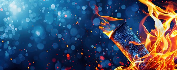 Abstract background with a fiery flame and bokeh. The blue background gives an illusion of cold and the flame represents heat and passion.