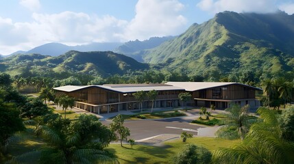 Naklejka premium Modern Building Design Surrounded by Lush Green Mountains