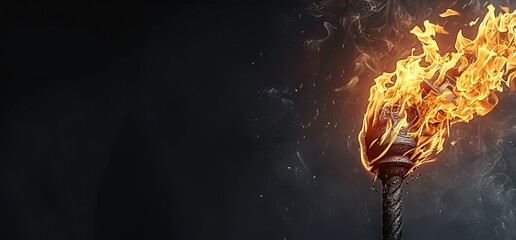 Burning torch with flames and smoke against a dark background.  A symbol of hope, freedom and strength.