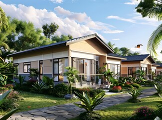 Fototapeta premium Modern Tropical Bungalow Home Design with Lush Greenery