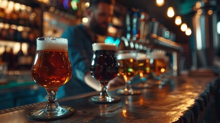 Craft beer tasting  row of beer glasses on bar counter with bartender in brewery setting
