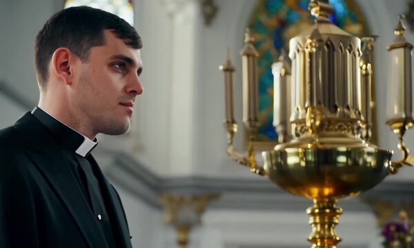 Young Catholic Priest in Church, Spiritual Contemplation by the Altar