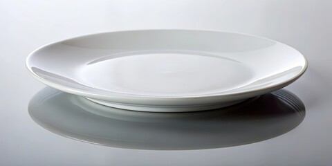 Close up of a white ceramic plate with a mirror reflection, white, ceramic, plate, mirror, reflection, circle, dish, opaque, empty