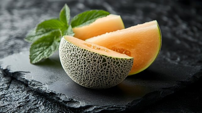 Luxurious Yubari Melon Slices Elegantly Presented on Black Stone Plate