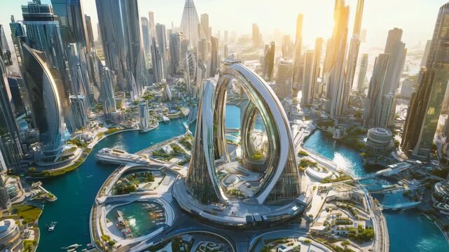 Future eco-friendly city. Sustainable architecture concept. Futuristic metropolis balancing nature and development. Biophilic design and green technology. Urban sustainability. Aerial view