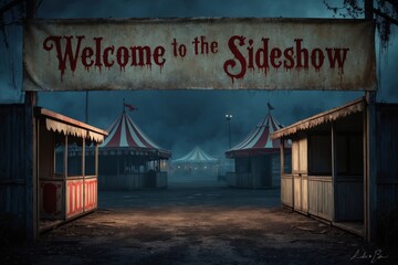 Entrance to the eerie sideshow at a deserted carnival during twilight