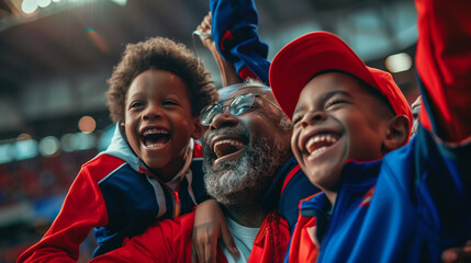 Grandfather and grandson on the stadium. 