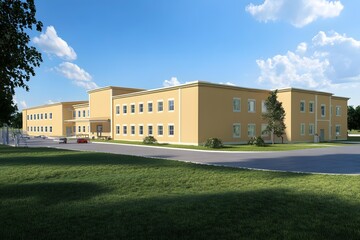 Fototapeta premium Modern Yellow Building with Green Grass and Blue Sky