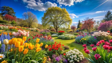 Bright and colorful image of a blooming garden in spring, featuring vibrant flowers, green foliage, and a clear blue sky