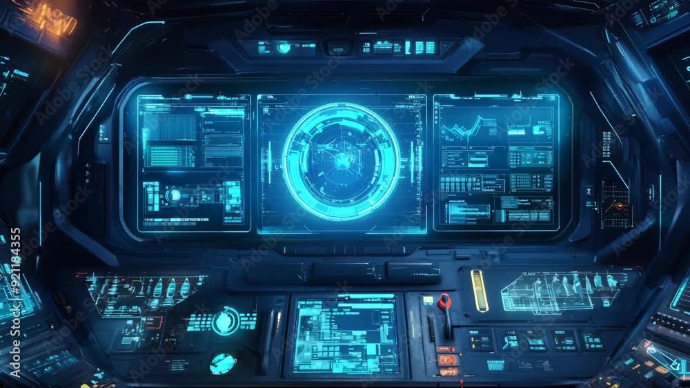 Poster futuristic spaceship cockpit interface with holographic displays. sci-fi spacecraft control panel wi