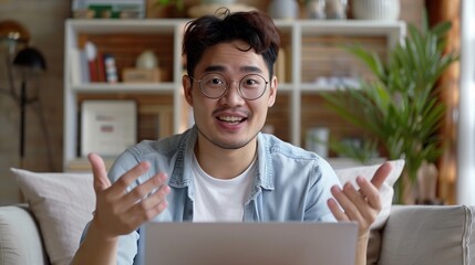 Chinese young male entrepreneur or small business owner is talking about his successful experience confidently with hands gestures on modern home background, Asian young man portrait at home