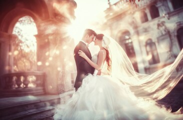 Naklejka premium A beautiful wedding photo of the bride and groom standing in front of an ancient palace, a long veil fluttering around them, the sun shining through the arches, the background is blurred