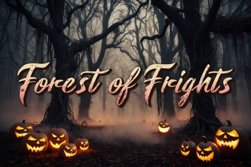 Spooky forest with carved pumpkins under a misty sky during Halloween night