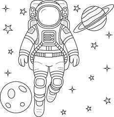 Astronaut in Space Outline Cartoon Coloring Page for Kids