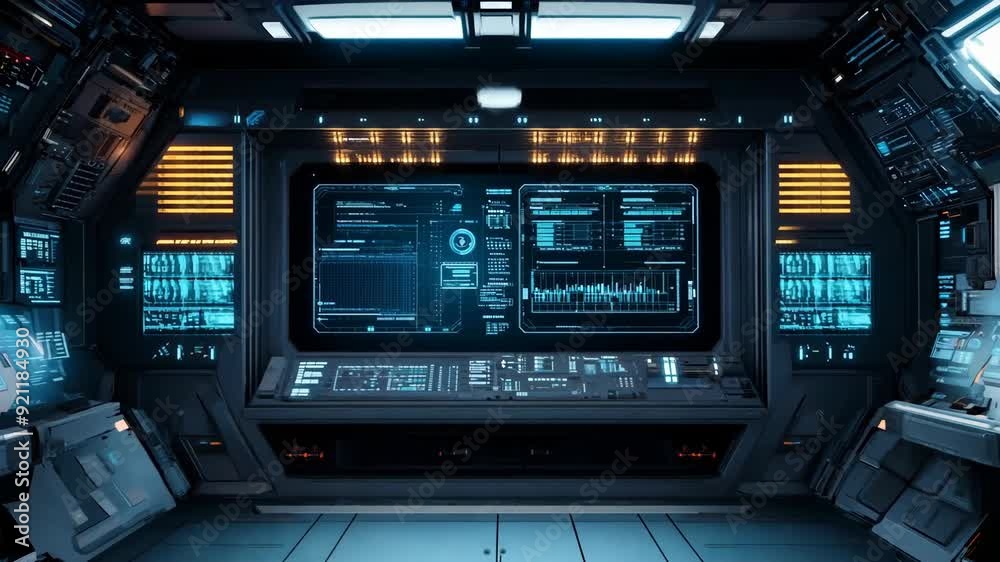 Poster futuristic spaceship cockpit interface with holographic displays. sci-fi spacecraft control panel wi