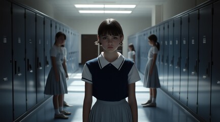 Fototapeta premium Une écolière debout au milieu d'un couloir, élèves devant leur casier en arrière-plan, concept de harcèlement scolaire.