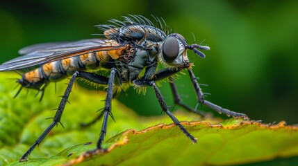 Fototapeta premium Black-winged robber fly perched on a green leaf